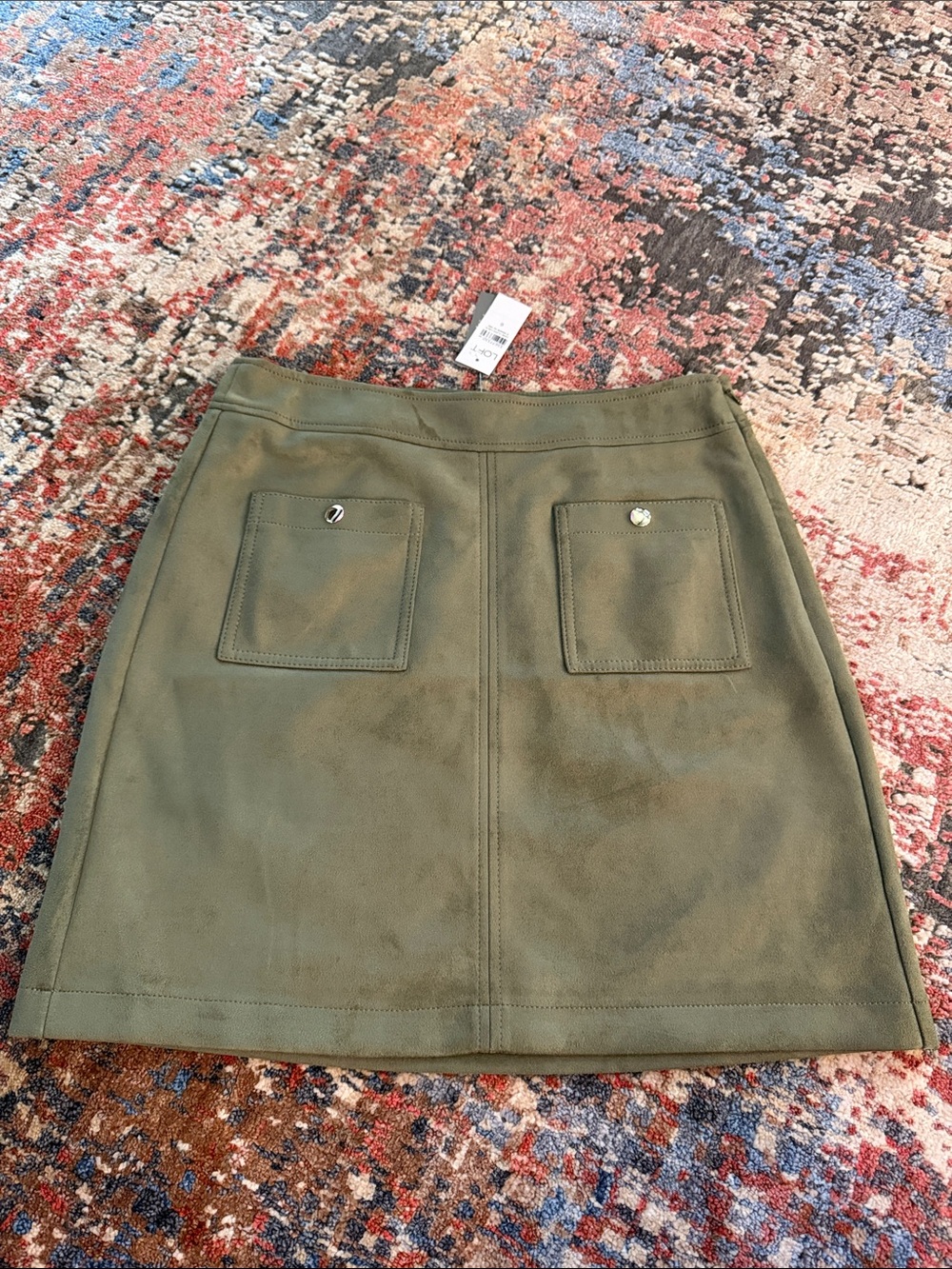 LOFT Faux Suede Olive Green A-Line Mini Skirt with Front Patch Pockets